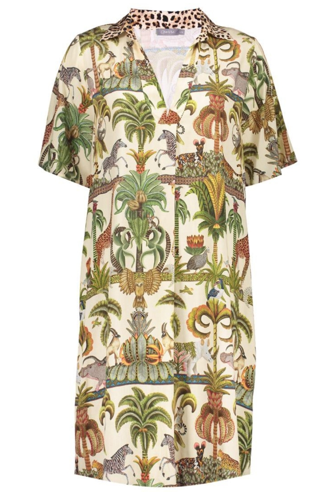 KORTE KAFTAN JURK MET JUNGLE PRINT 57395 70 000530 GREEN/OFF-WHITE/BROWN
